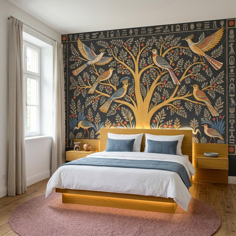 Art mural égyptien représentant l'arbre de vie, les oiseaux sacrés et les hiéroglyphes anciens, 100"x96", Peel and Stick
