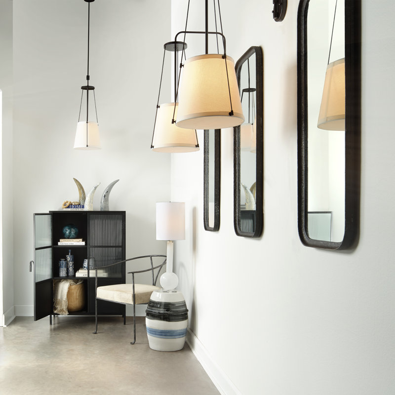 Bronze 1-Light Pendant with Off-White Linen Drum Shade