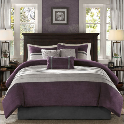 7 PC Pieced Faux Suede Comforter Set Purple Queen