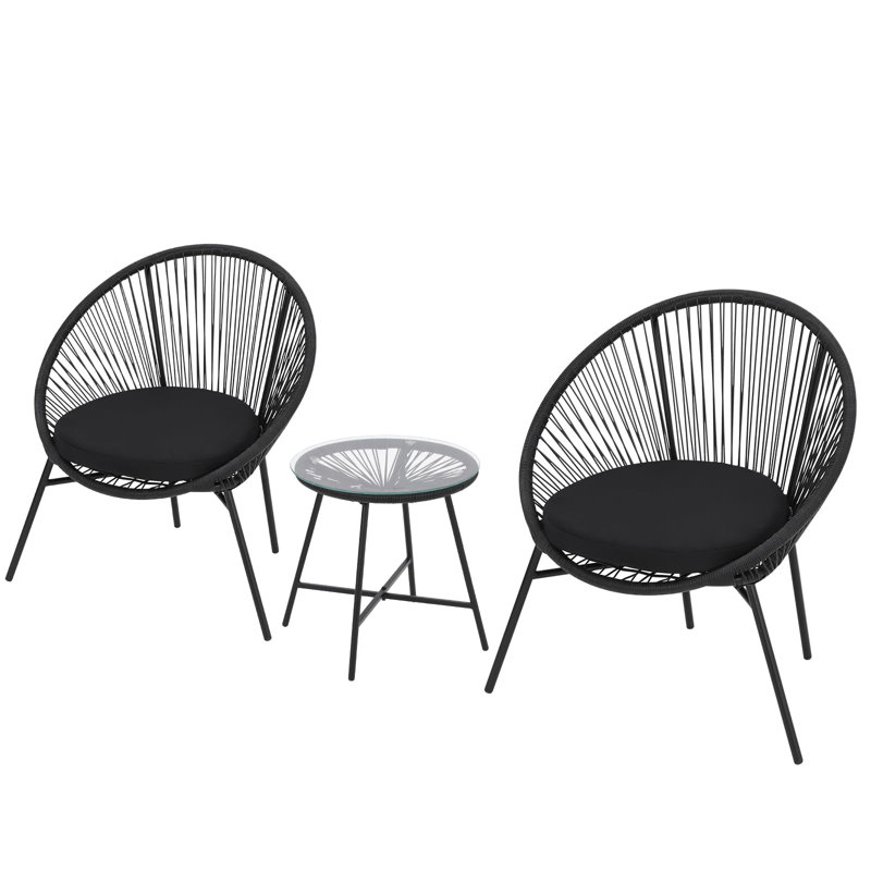 3 Piece Rattan Bistro Set, Outdoor Wicker Patio Furniture Set with 2 Chairs and Glass Coffee Table for Backyard Balcony Garden