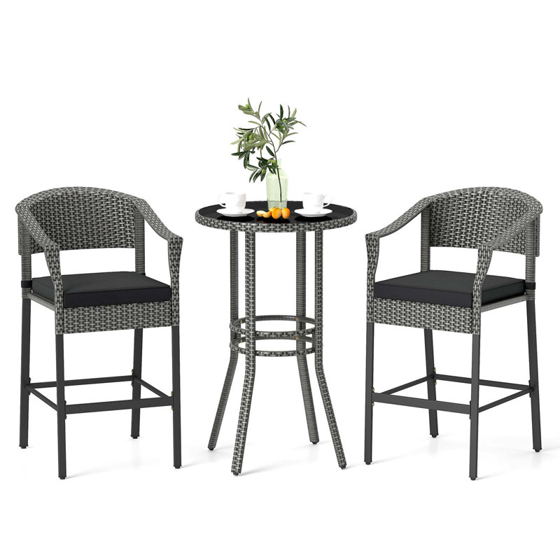 3-piece Patio Rattan Bar Set Wicker Bar Height Armchairs & Round Table 