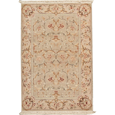 Tapis beige, gris et rouge noué à la main de haute qualité