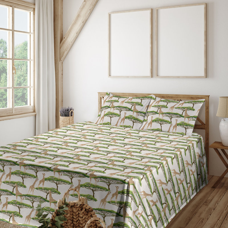 Ensemble de draps à motif de feuilles de palmier 4 pièces Ambesonne, Ensemble de draps pour grand lit avec 2 taies d'or