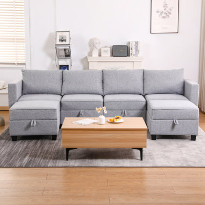 Convertible Modular Sectional Sofa Couch with Storage Seat U Shaped 4-Seat Sofa Couch with Reversible Chaise Modular Sectional Fabric Light Grey