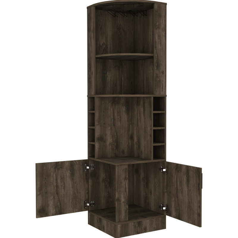 Stylish 8 Bar Cabinet In Dark Brown With 2 Shelves For Practical Use Liquor Capacity And Extra Shelving, Brown