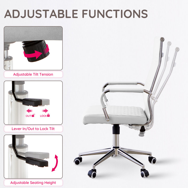 Executive Office Swivel Chair With Patterned Leather Back, White