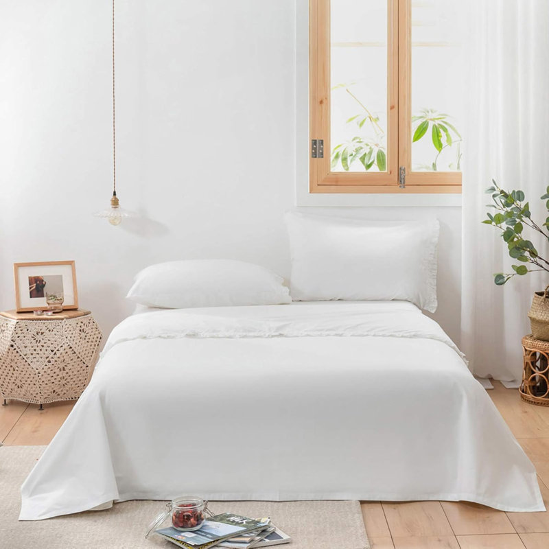 Ensemble de draps 100% coton Draps de lit à volants, Blanc, Full 1 drap plat 1 drap-housse 2 taies d'oreiller