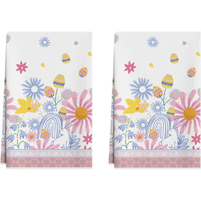 Flowers Bunny Eggs Rabbits Easter Kitchen Towels Dish Towels Home Kitchen Decorations Hand Towels Set Of 2 Drying Dishcloth