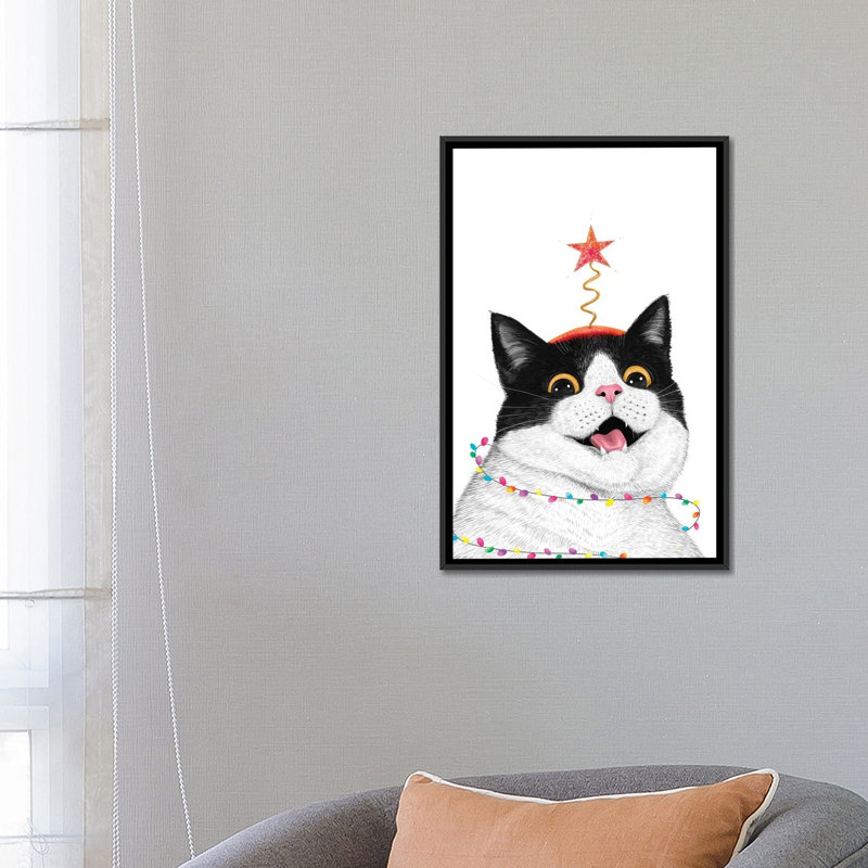 Chat de Noël - reproduction d'art murale - toile encadrée, Noir, Reproduction encadrée sans passe-partout, H 26 po x l 18 po