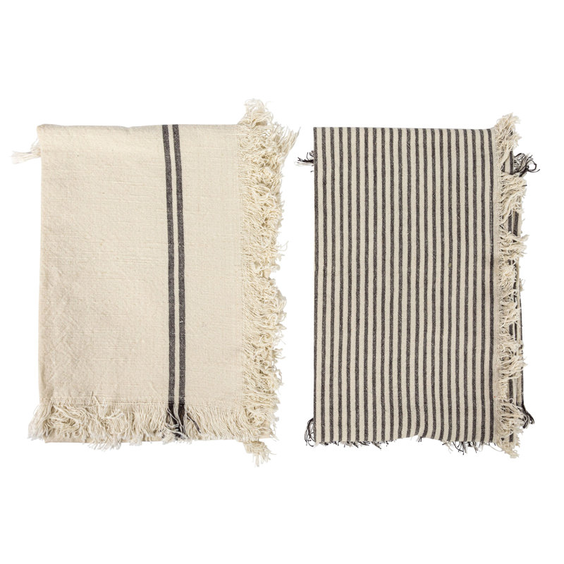 Large Woven Cotton Tea Towel with Stripes and Fringe Design for Kitchen
