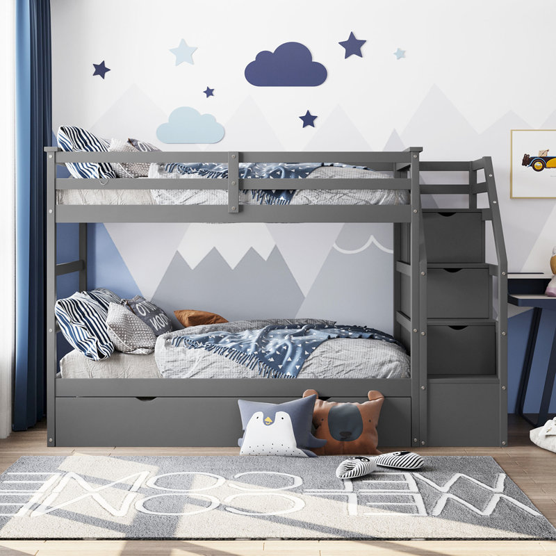 Lit superposé gris Twintwin avec lit gigogne et escalier de rangement pratique 3, Gris