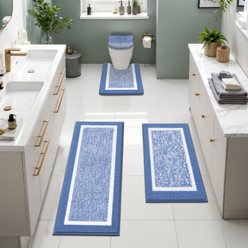 4 Piece Soft Absorbent Microfiber Bath Rug Set with Non-Slip Backing (Set of 4), Blue