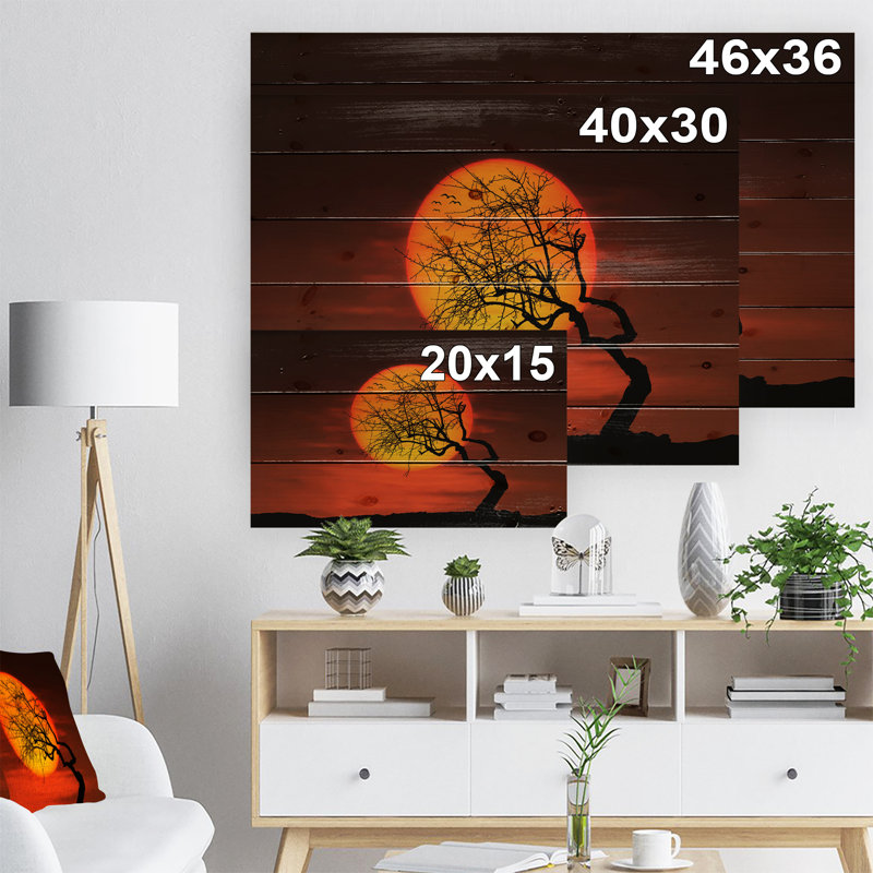 «Birds and Tree Silhouette at Sunset» - Impression sur cadre flottant, H 36 po x l 46 po x P 1,5 po, Bois