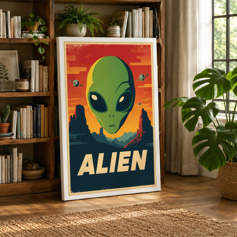 Alien Visitor Retro - Wrapped Canvas, 36x24 - 91.4 x 61.0 cm, Black Border