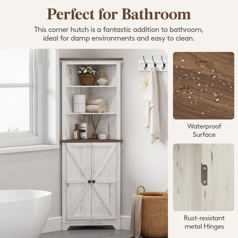 Rustic White Tall Corner Cabinet with Adjustable Shelves