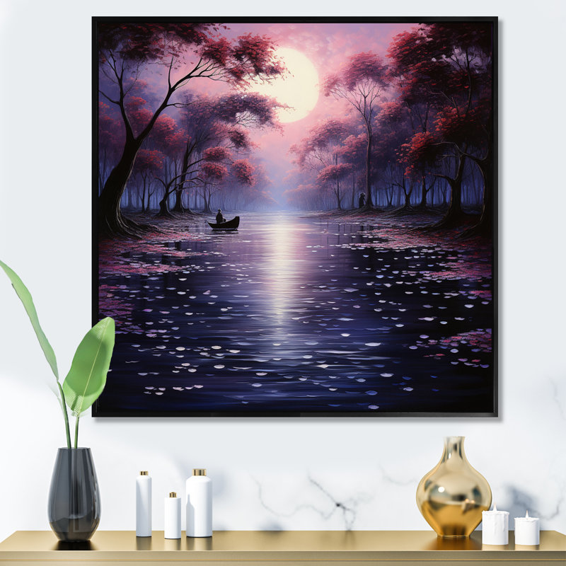 «Pink Canal Serenitys Reflection Pointillism» sur impression sur toile, H 36 po x l 36 po x P 1,5 po, Cadre flottant noir