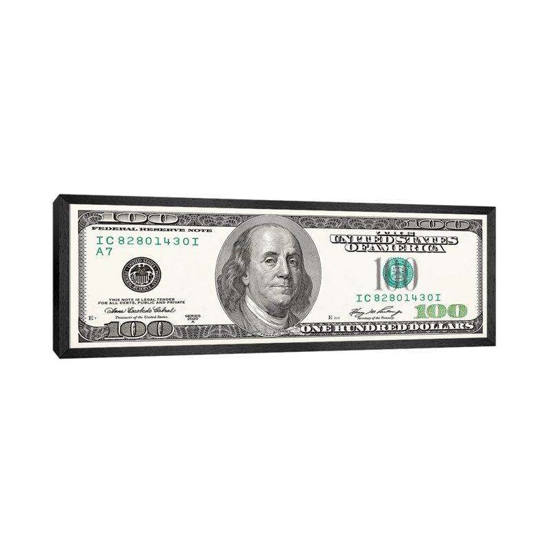 One Hundred Dollar Bill - Panoramic Print on Canvas, 40.64cm H x 121.92cm W x 3.81cm D, Black Framed