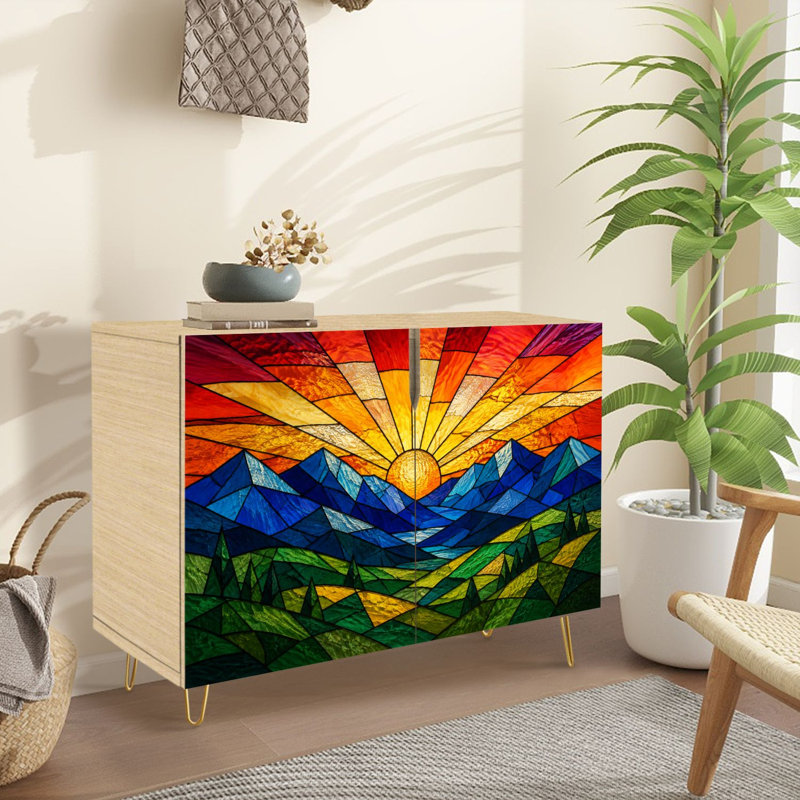 Buffet Buffet avec rangement Vitrail vibrant imprimé paysage Sunburst Mountains Green Valley avec 2 portes pour le salon et la cuisine