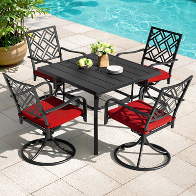 5pcs Metal Patio Dining Set With Umbrella Hole, Swivel Chairs With Cushions