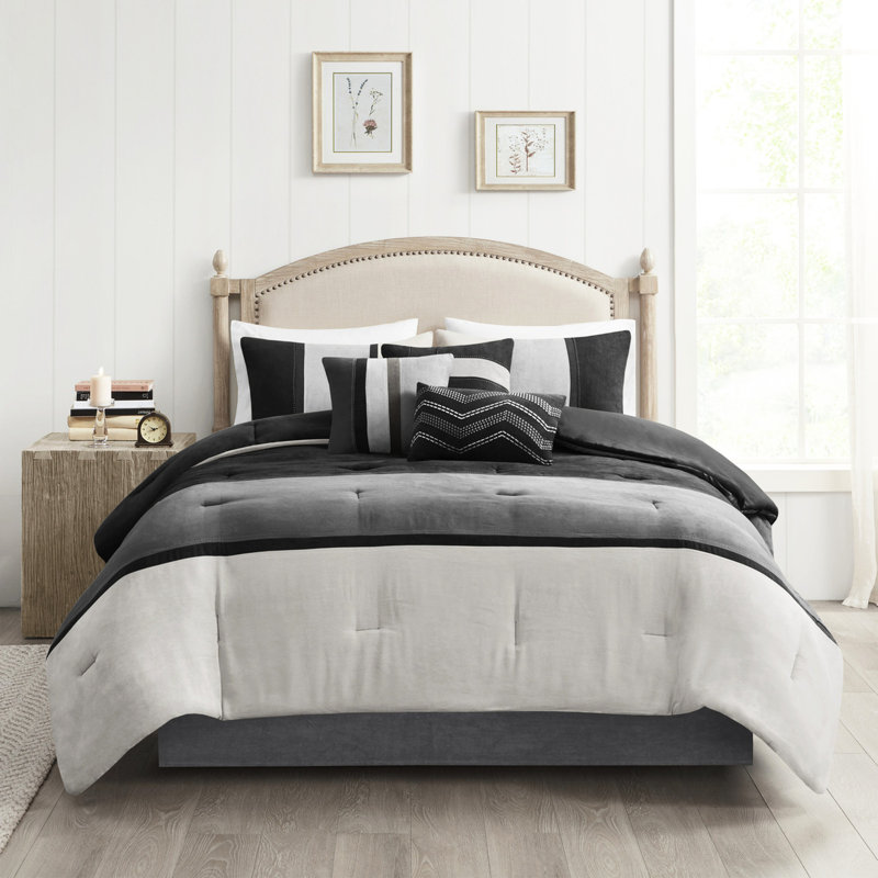 Édredon 7 pièces - Faux suède, très grand, noir, fer à repasser pour une finition parfaite, oreillers et taies décoratives, suède très grand, jupe de lit décorative brodée