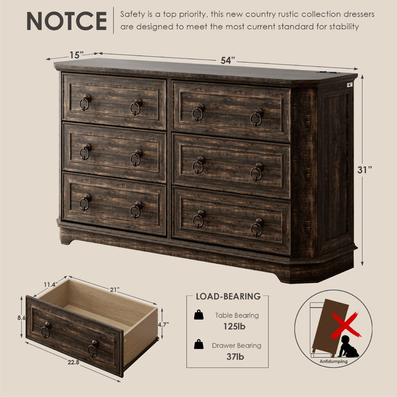 Commode l 6 po à 6 tiroirs, Brun