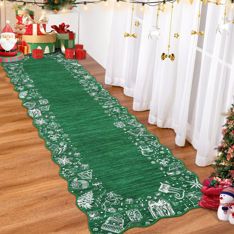 2x8ft Scalloped Christmas Rug Non Slip, Washable Low Pile Non Shedding Xmas Holiday Carpet Indoor Printed Area Rug