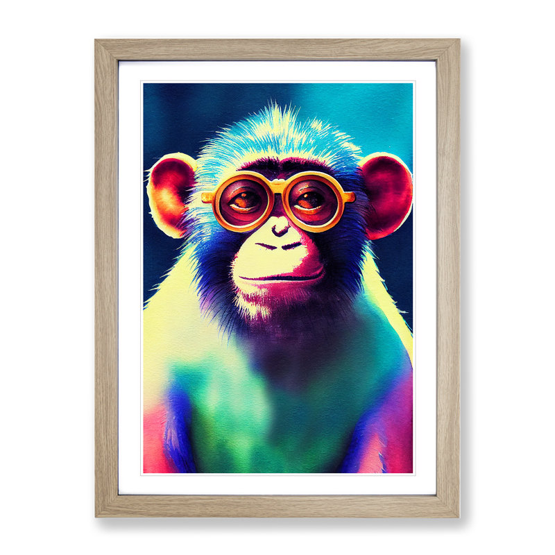 Neon Monkey No.4 - Wall Art, 46cm H x 34cm W x 2cm D, Oak Framed