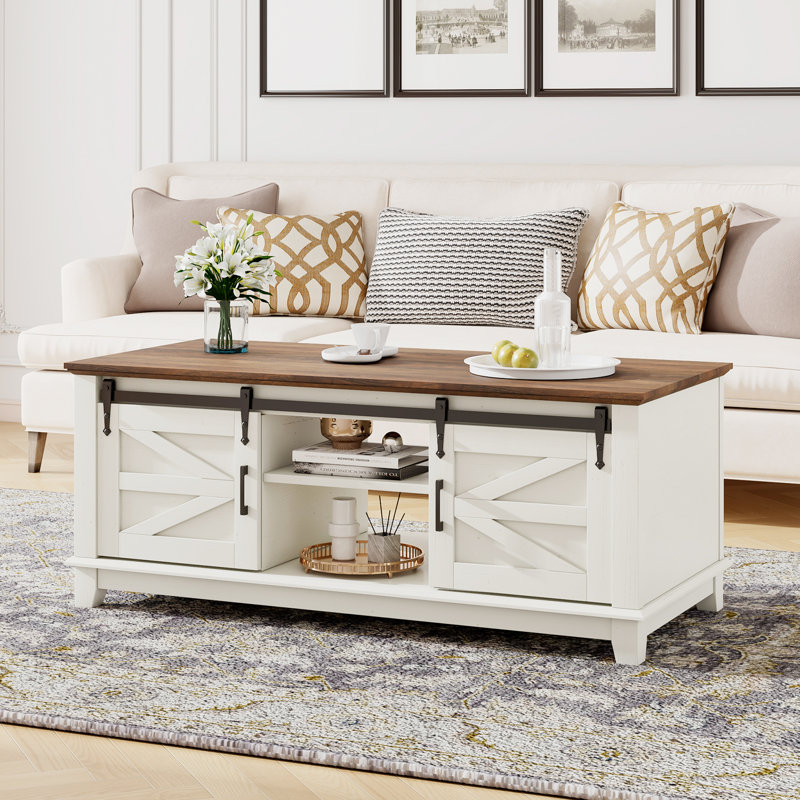 Table basse Hutchison Farmhouse avec portes de grange coulissantes, table de salon de 48 po avec tablettes réglables