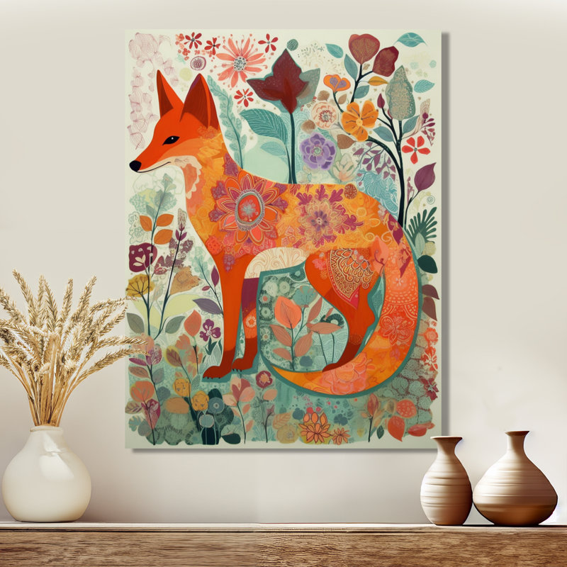 Boho renard dans une forêt de fleurs, H 44 po x l 34 po, Toile tendue