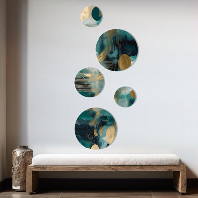 Vivid Emeral and Gold Contours Circles I - Formes abstraites, ensemble d'art mural rond de 5