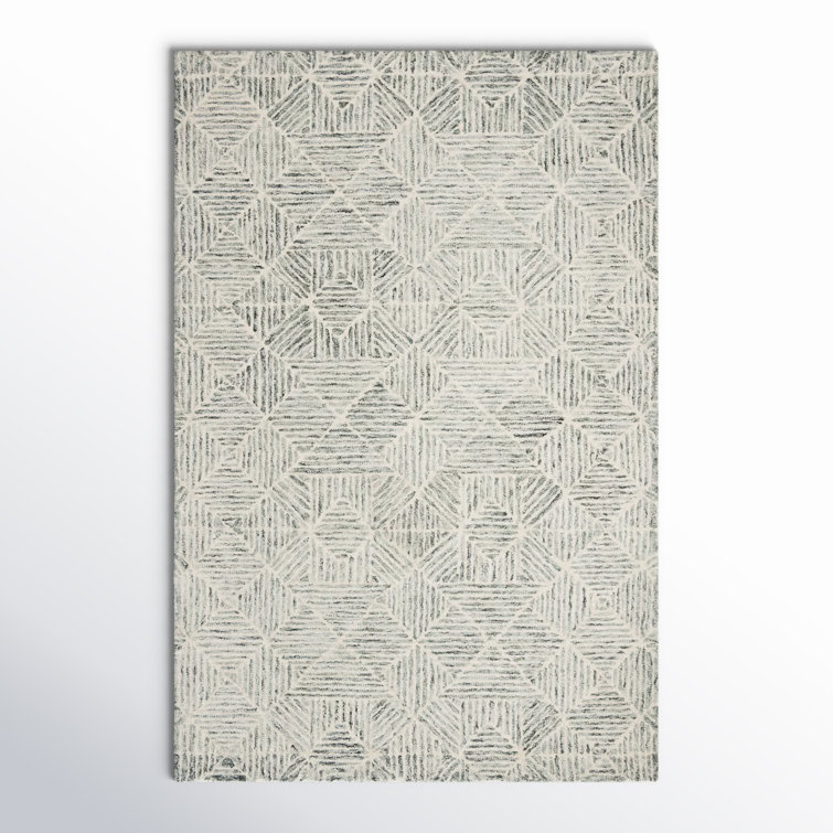 Linsly Geometric Handmade Tufted Wool/Cotton Light Green/Ivory Area Rug