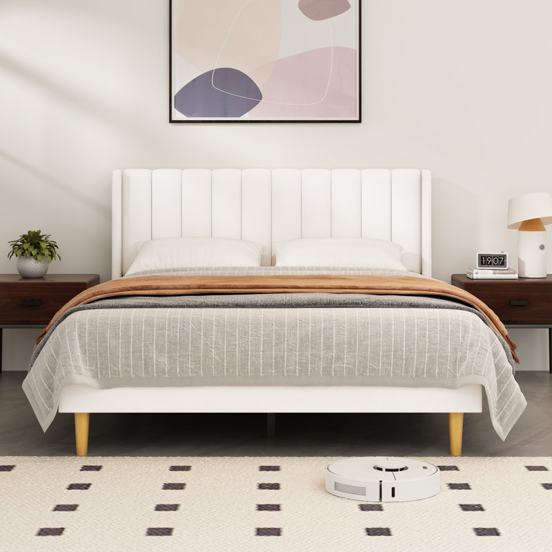Deeb Luxury Corduroy Upholstered Platform Bed Frame - Modern Wingback Design,No Box Spring Needed, Noise-Free, Queen, Cream
