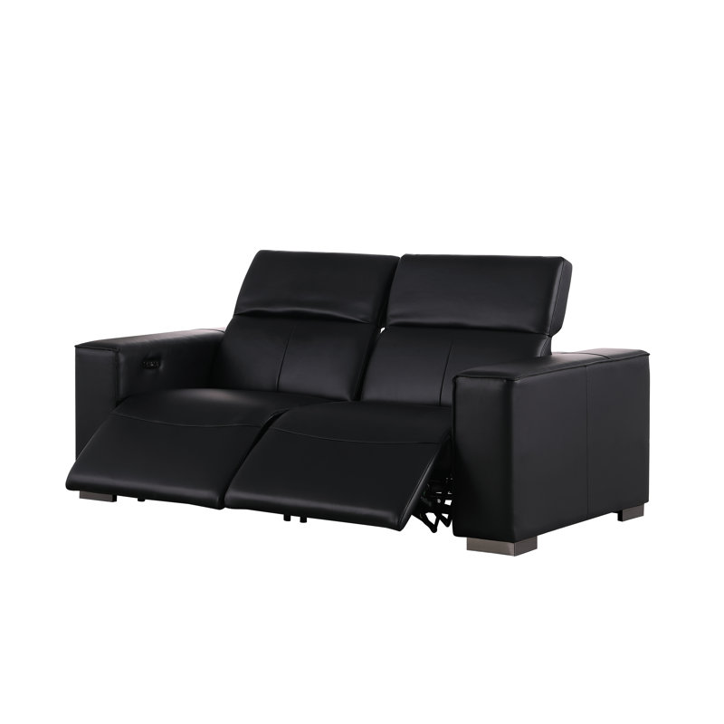 Luxurious Genuine Leather Power Reclining Loveseat With Power Headrest, Black