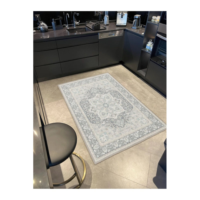 Framed Starry Gray Patterned Washable Woven Base Carpet, Rectangle 2'4" x 4'