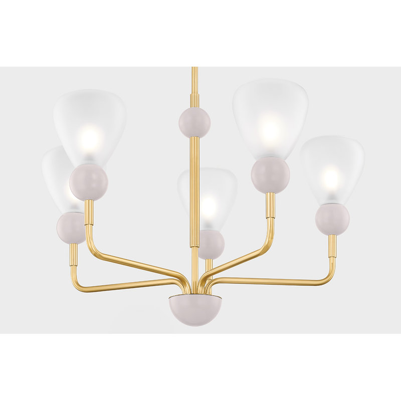 Aged Brass and Soft Peignoir 5-Light Chandelier with Etched Matte Glass