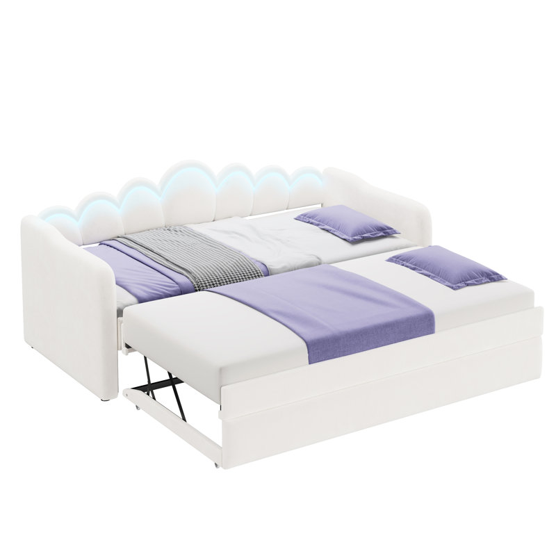 Lit de jour simple rembourré de taille XL avec lumière DEL gigogne, la couchette peut être plate ou dressée, blanc, twin