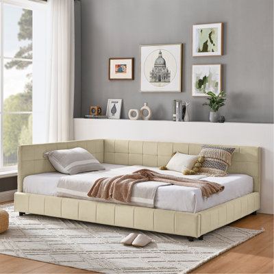 Structure de lit double capitonnée, canapé-lit avec dossier confortable et accoudoirs, lit double pour chambre à coucher, salon, velours, beige nouveau (80,5 po x 59 po x 30,5 po)