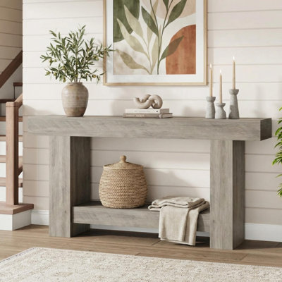63" Farmhouse Console Table with 2-Tier Storage Shelf, Entryway Accent Table, Long Sofa Table for Living Room or Hallway