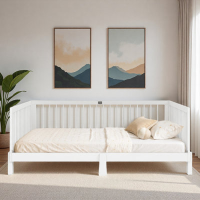 Convertible Wood Montessori Floor Kids Bed with Detachable Guardrails and Wooden Slats