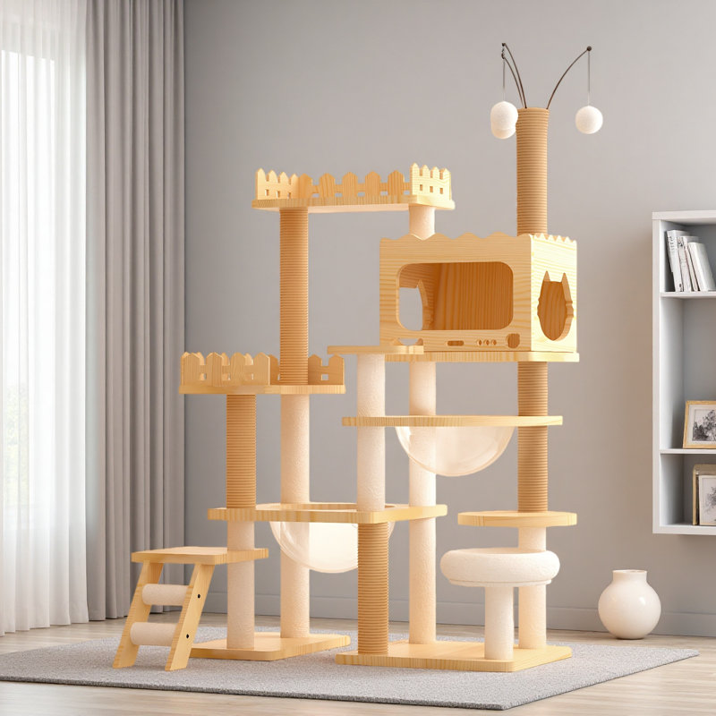 Tour à chat moderne de 66,9 po, tour d'arbre à chat en bois pour chats d'intérieur, arbre à chat avec poteaux à griffes recouverts de sisal et perchoir supérieur, condo pour chat avec hamac en acrylique