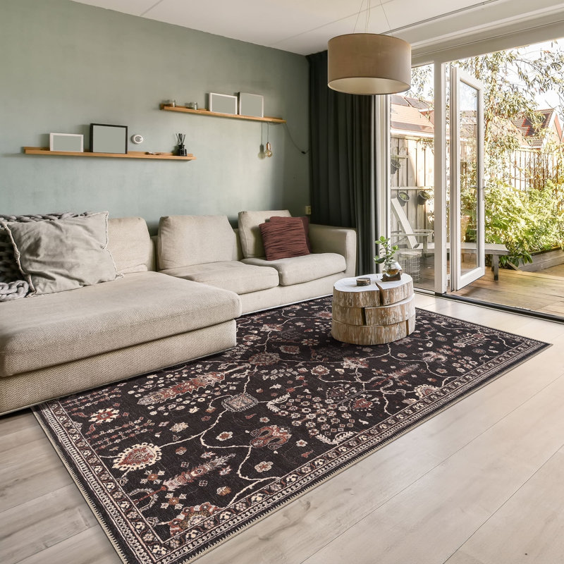 GLN Rugs Traditional Collection - Machine Washable Area Rug, Bohemian Vintage Washable Rug, Non Slip Area Rug, Low Pile Chenille Living Room Rug, Bedroom Rug, Bathroom Rug (Black Rug)