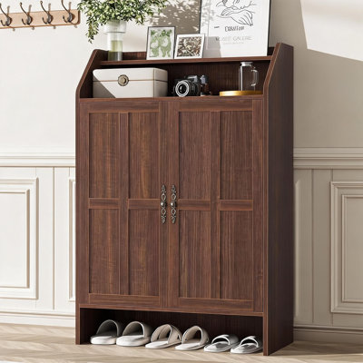47" Tall Farmhouse Shoe Storage Cabinet with 2 Doors, Entryway Shoe Cabinet with Adjustable Shelves and 2-Tier Open Storage Rack for Hallway and Living Room