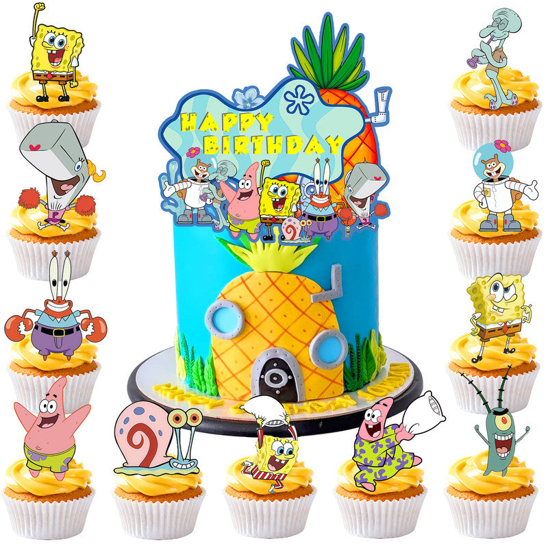SpongeBob, 14 pièces de décorations de petits gâteaux de fête d'anniversaire SpongeBob pour enfants