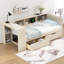 Lit plateforme simple en bois avec tablettes de rangement, tiroirs, station de charge et tête de lit tapissier, crème