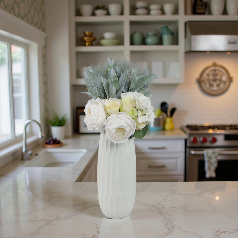 Stoneware Ceramic Vase with Textured Geometric Design, White, 14" H x 6" W x 6" D