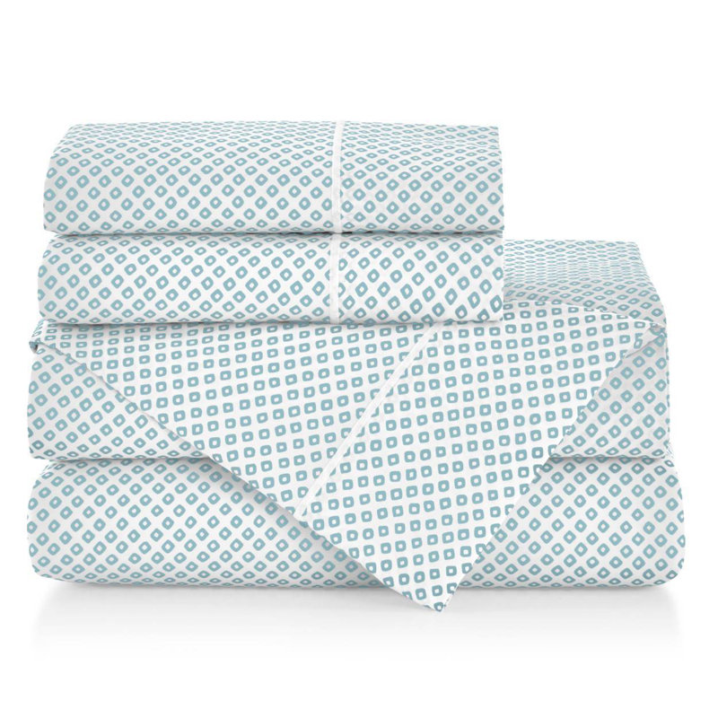 Emma 300 Thread Count Geometric 100% Cotton Sateen Sheet Set, King Sheet Set + 2 Pillowcases, Blue