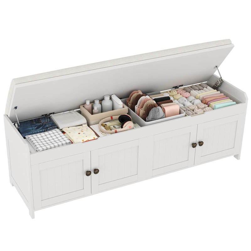 54.4" Shoe Bench with Lift Top Storage,Entryway Storage Bench with Cushioned Seat and 4 Doors, White