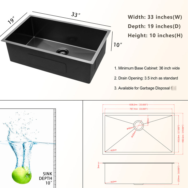 Lavabo de 19 po x 10 po x 33 po en acier inoxydable, acier inoxydable, surface nano facile à nettoyer