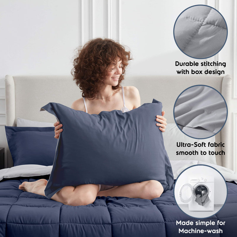 Bed-in-A-Bag Reversible Comforter Set with Bed Sheets, Queen Comforter + 7 Additional Pieces, Navy