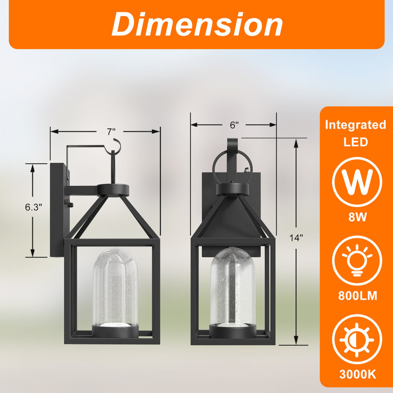 1-Light 14'' Dimmable LED Black Iron and Seeded Glass Outdoor Wall Lantern with Dusk To Dawn